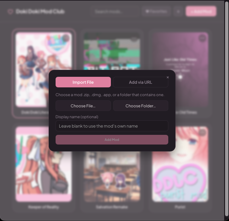 The Add Mod dialog with Import File and Add via URL tabs