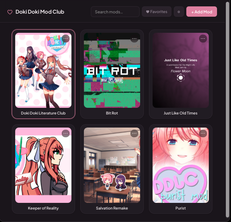 The Doki Doki Mod Club app showing six mods in a grid